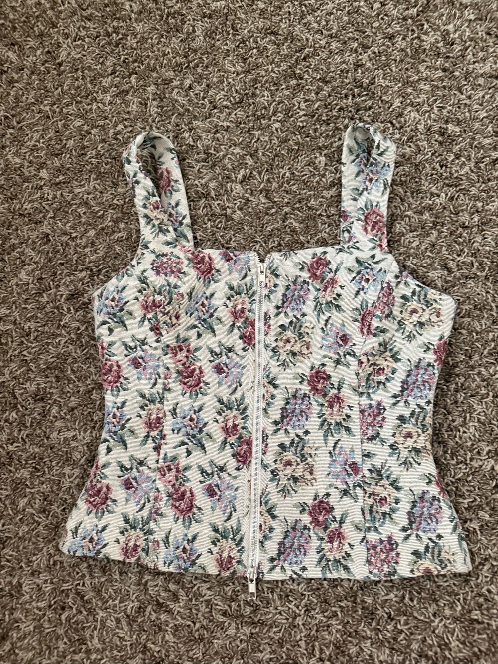Floral Zip-Front Women's Tank Top - Cream with Pink & Green Vici size small